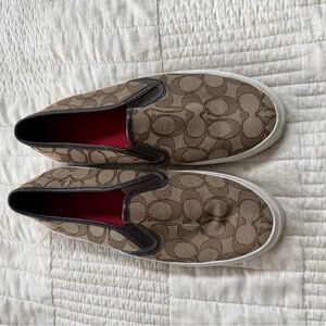 Coach Tan Signature Slip-On Flats with Red Insole